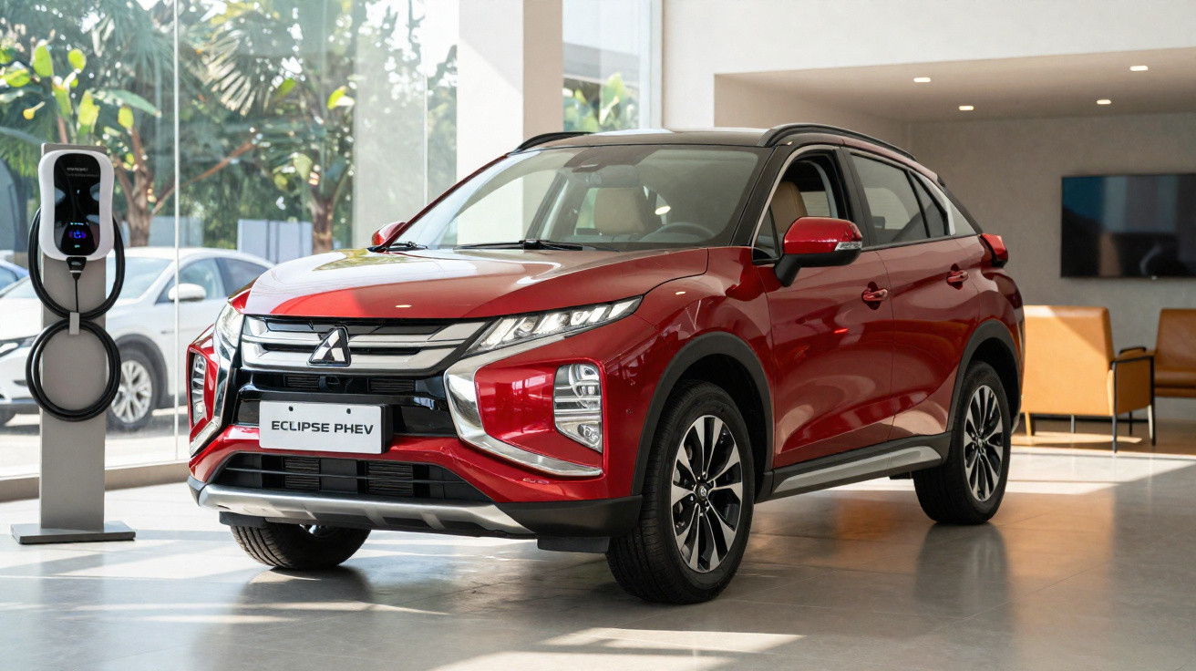 Carro SUV vermelho Mitsubishi Eclipse PHEV exibido em showroom ao lado de estação de recarga elétrica.