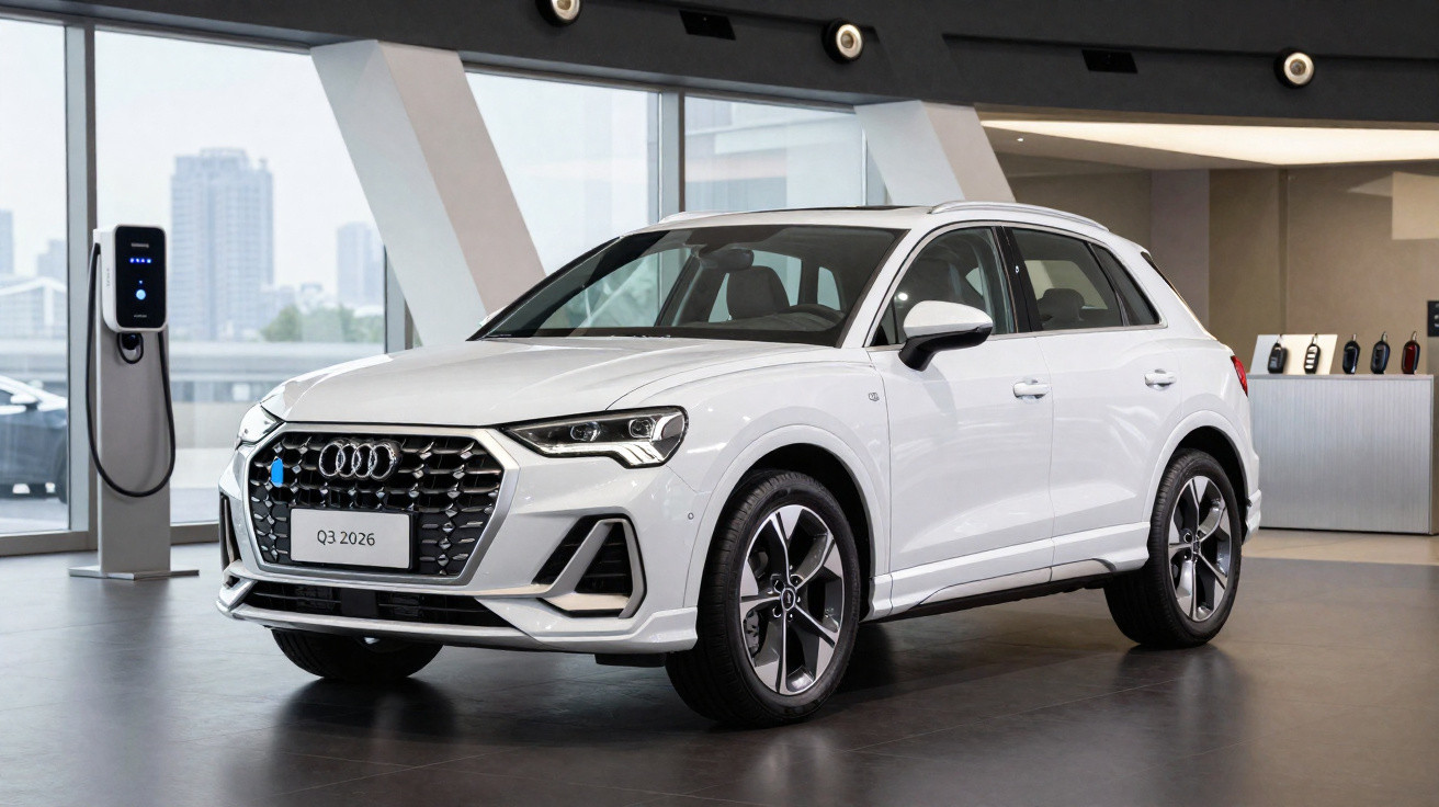 Audi Q3 branco 2026 estacionado em showroom moderno com carregador elétrico ao fundo.