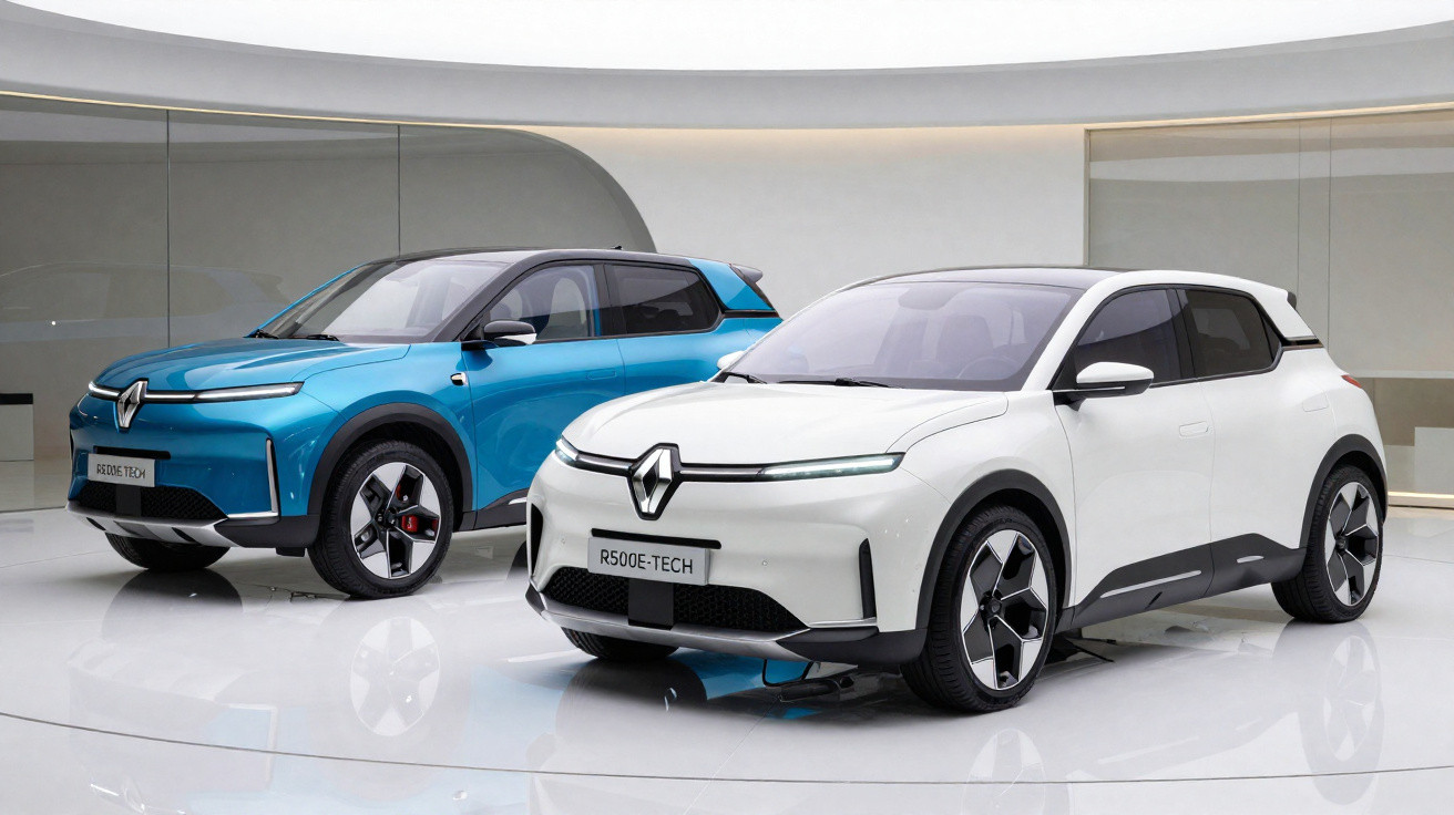 Dois carros elétricos Renault R5 em exibição, um branco e outro azul, em ambiente moderno e iluminado.