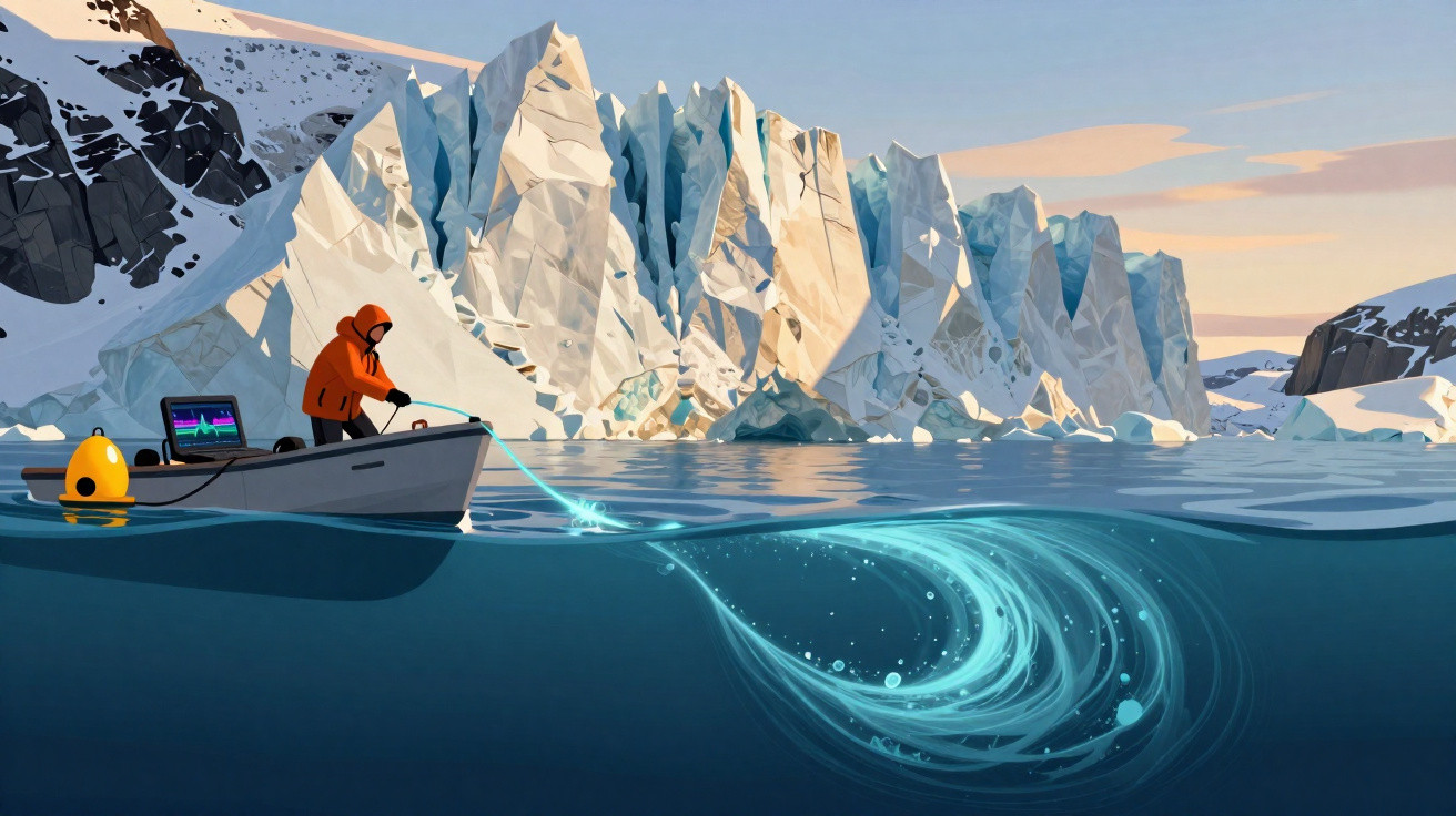Pesquisador em barco próximo a geleira usando equipamento para estudo das águas geladas.