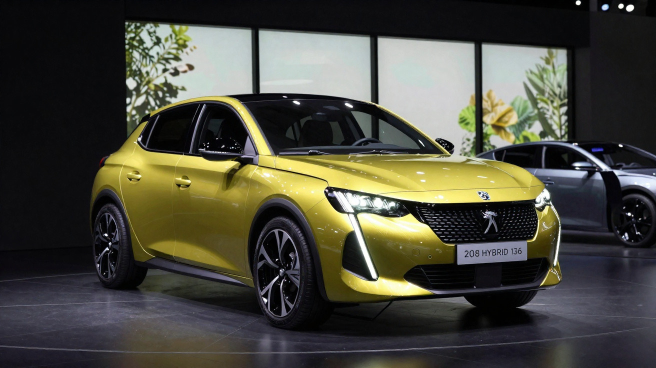 Carro Peugeot 208 Hybrid 136 amarelo exibido em salão de automóveis com iluminação moderna.