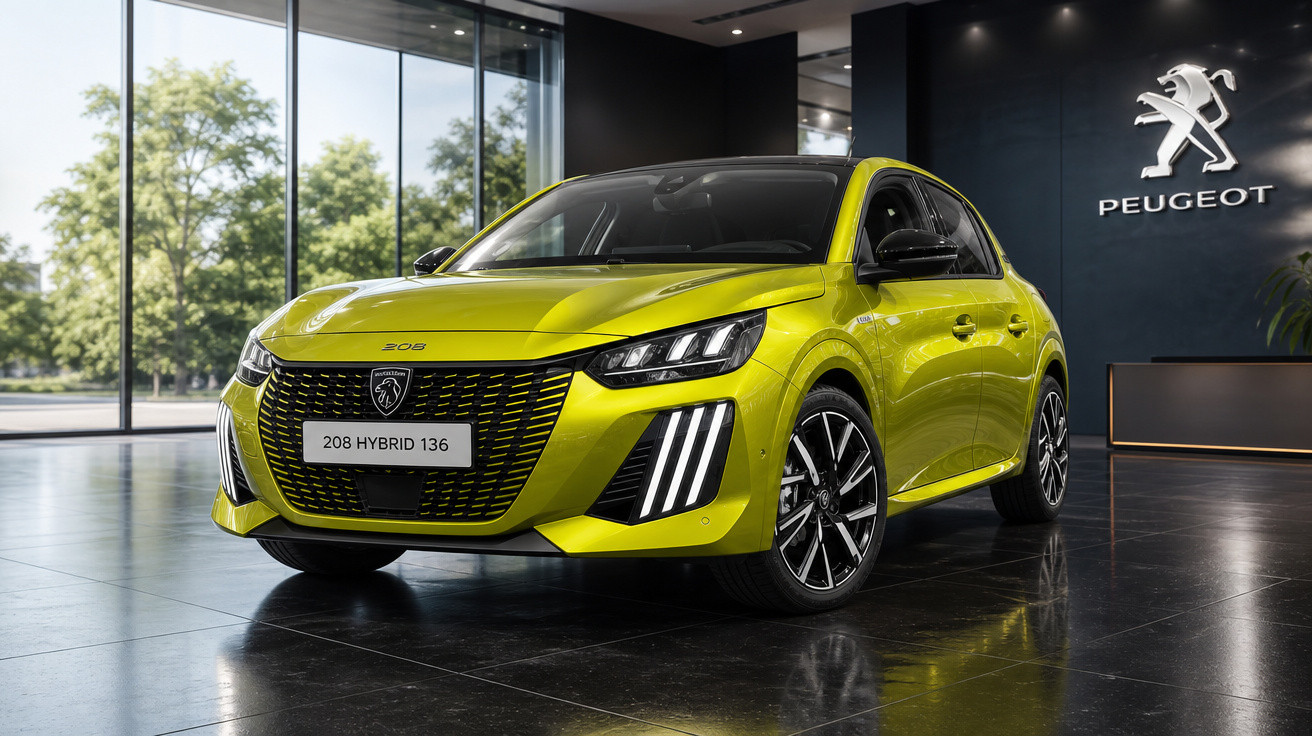 Carro Peugeot 208 Hybrid 136 amarelo em showroom moderno com logo da Peugeot ao fundo.