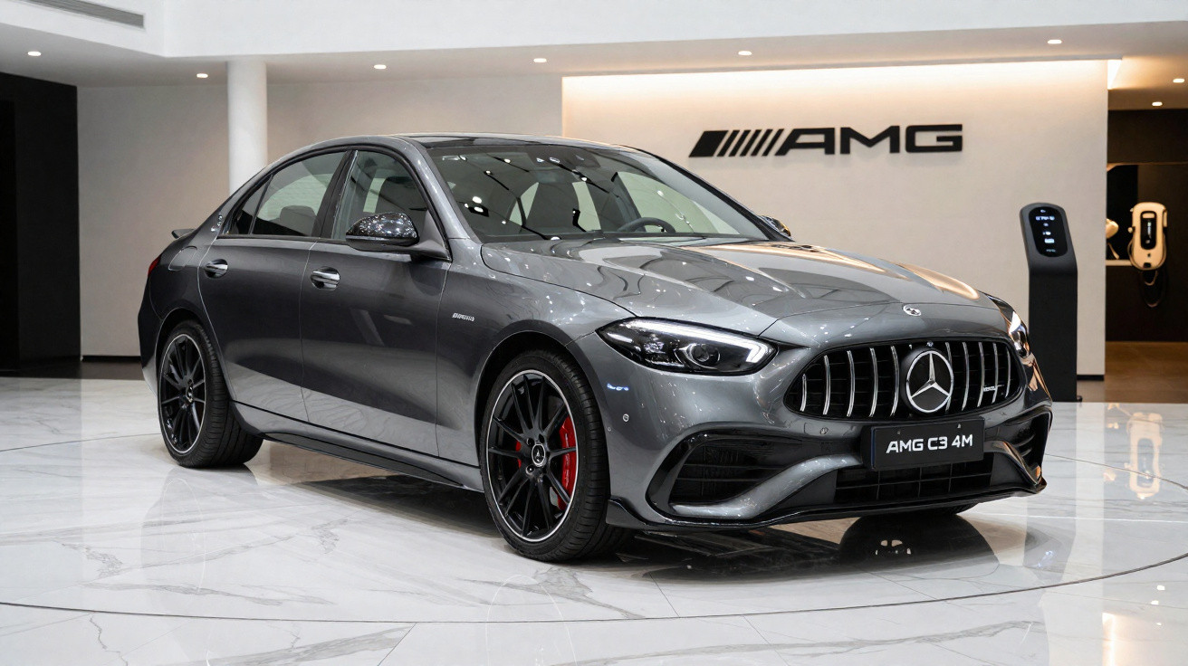 Carro esportivo Mercedes-Benz AMG C3 4M cinza exibido em showroom moderno com piso branco.