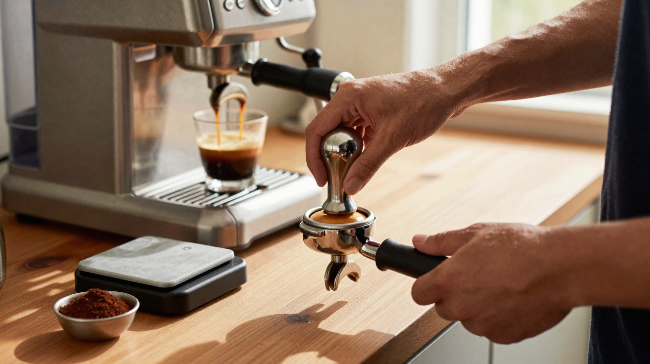 Pessoa usando tamper para compactar café moído em porta-filtro próximo a máquina de café espresso.
