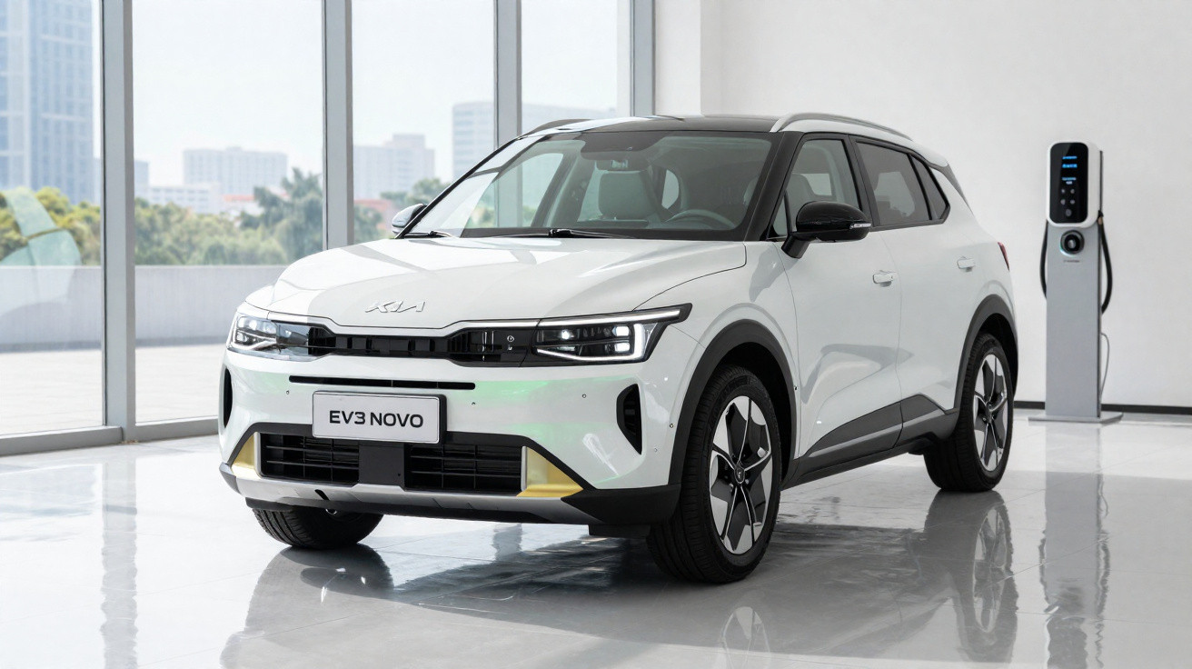 Carro elétrico branco Kia EV3 estacionado em sala com carregador elétrico ao lado.