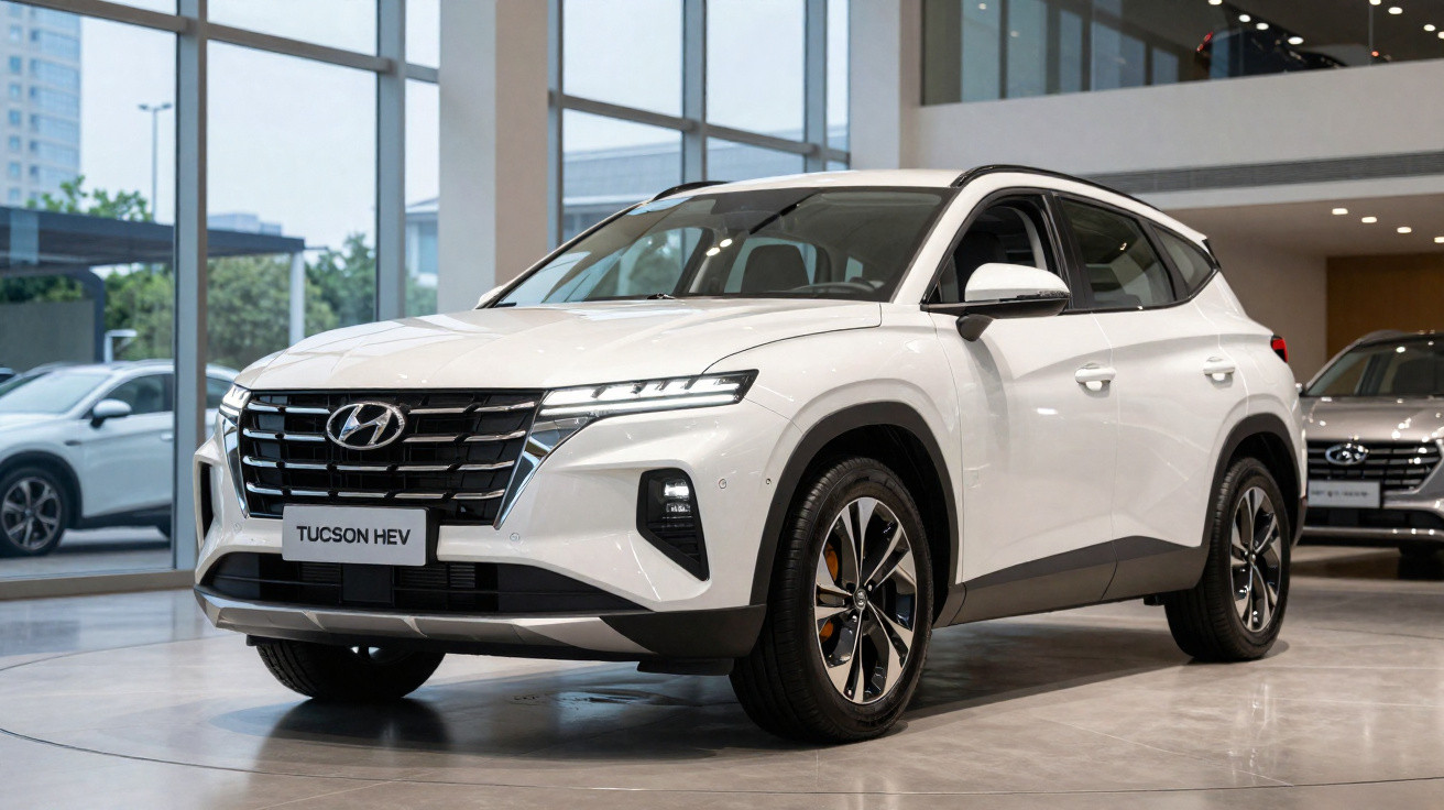 SUV branco Hyundai Tucson HEV estacionado em showroom moderno com piso cinza e janelas amplas.