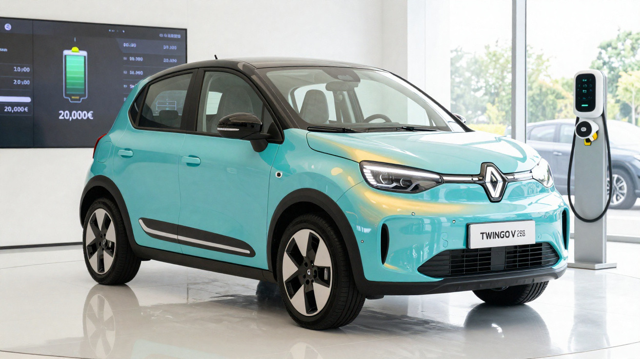 Carro elétrico Renault Twingo V azul exposto em showroom com carregador e tela de informações ao fundo.