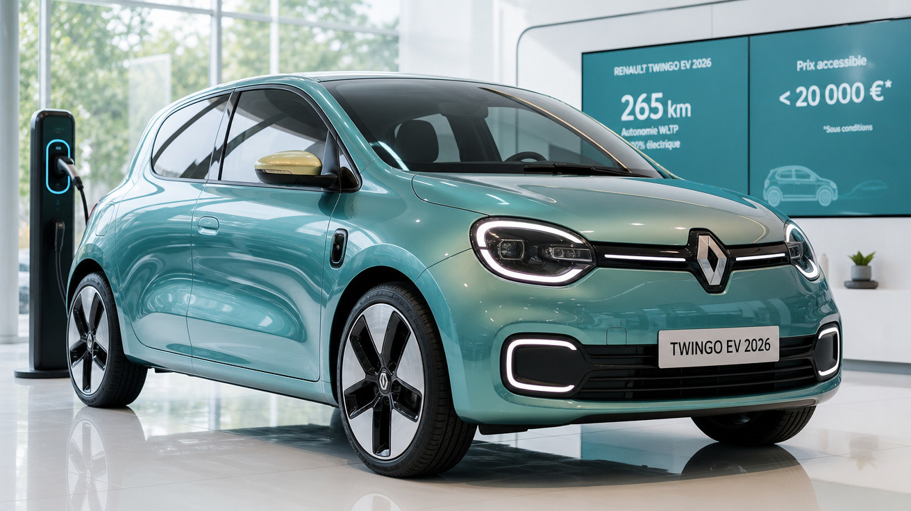Carro elétrico Renault Twingo EV 2026 verde em exposição, conectado a estação de carregamento.