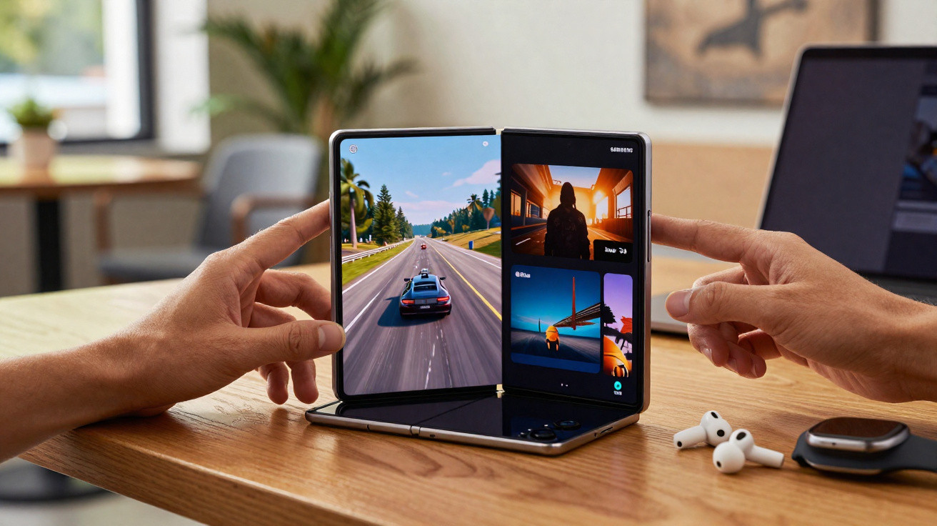 Duas mãos segurando um smartphone dobrável aberto com jogos e vídeos exibidos na tela.