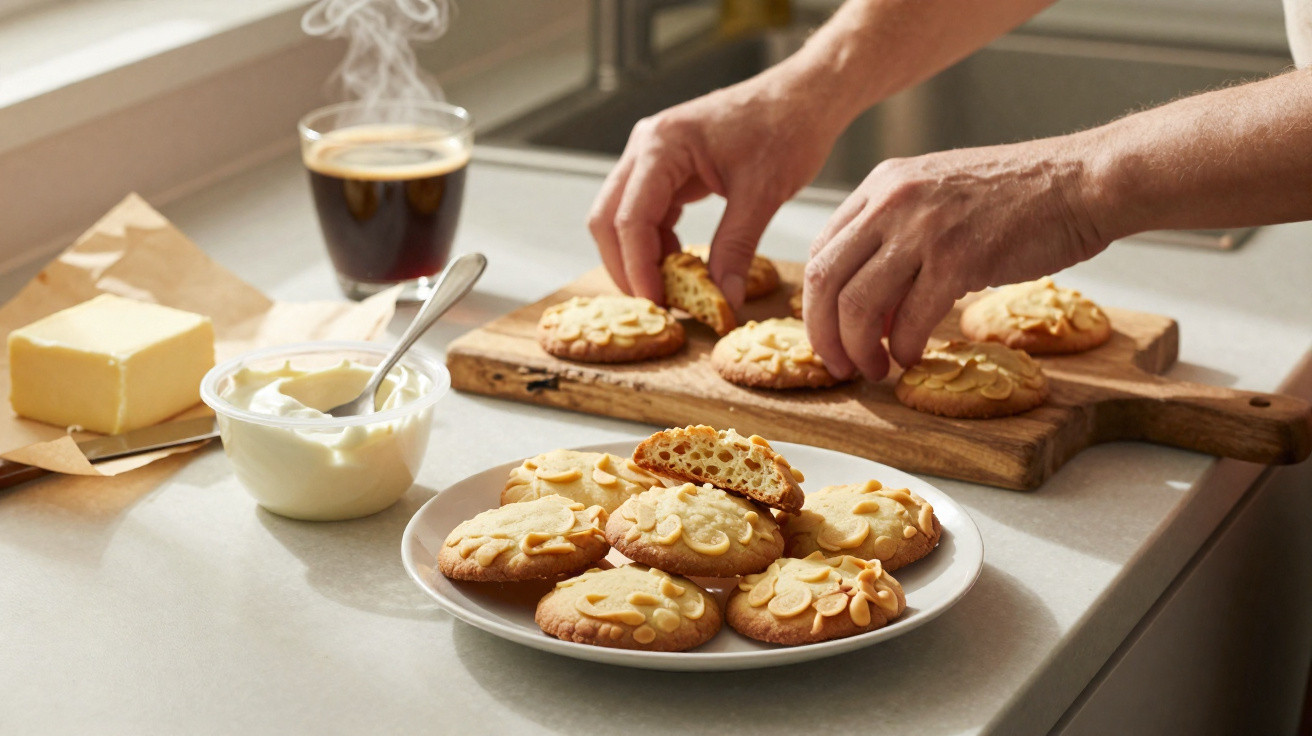 Pessoa pegando biscoitos com amêndoas sobre tábua na cozinha, com café, manteiga e creme ao lado.