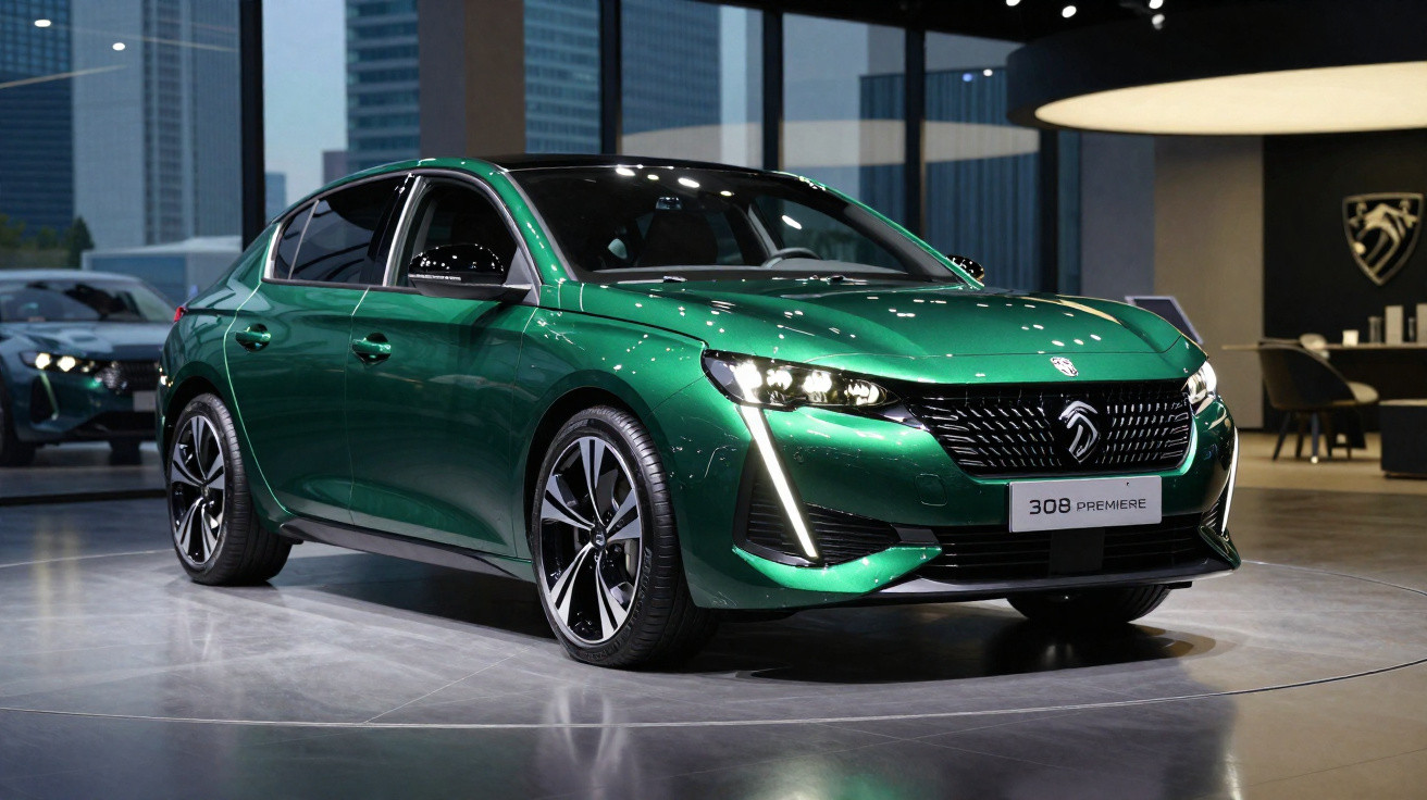 Carro sedan verde metálico Peugeot 308 Premiere em exposição com iluminação moderna.