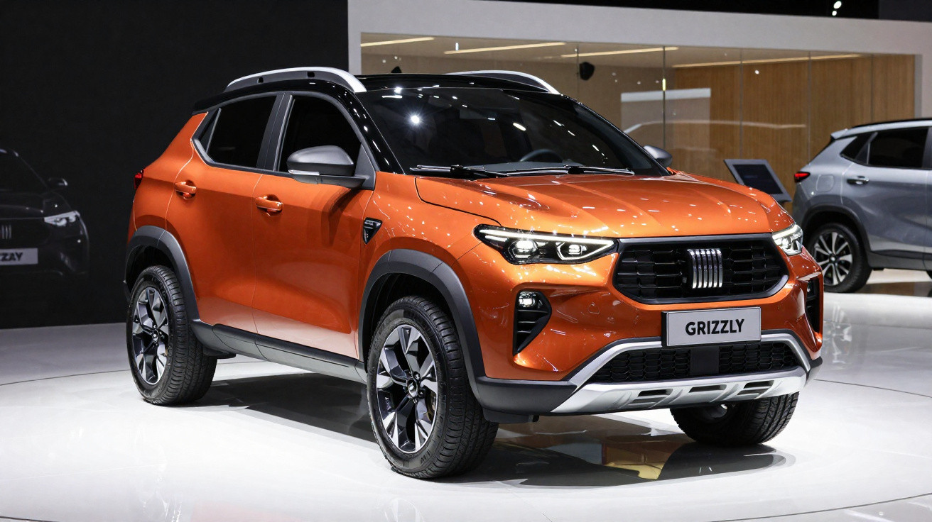 SUV Grizzly laranja em exposição, com design moderno e detalhes em preto e prata, em ambiente interno.