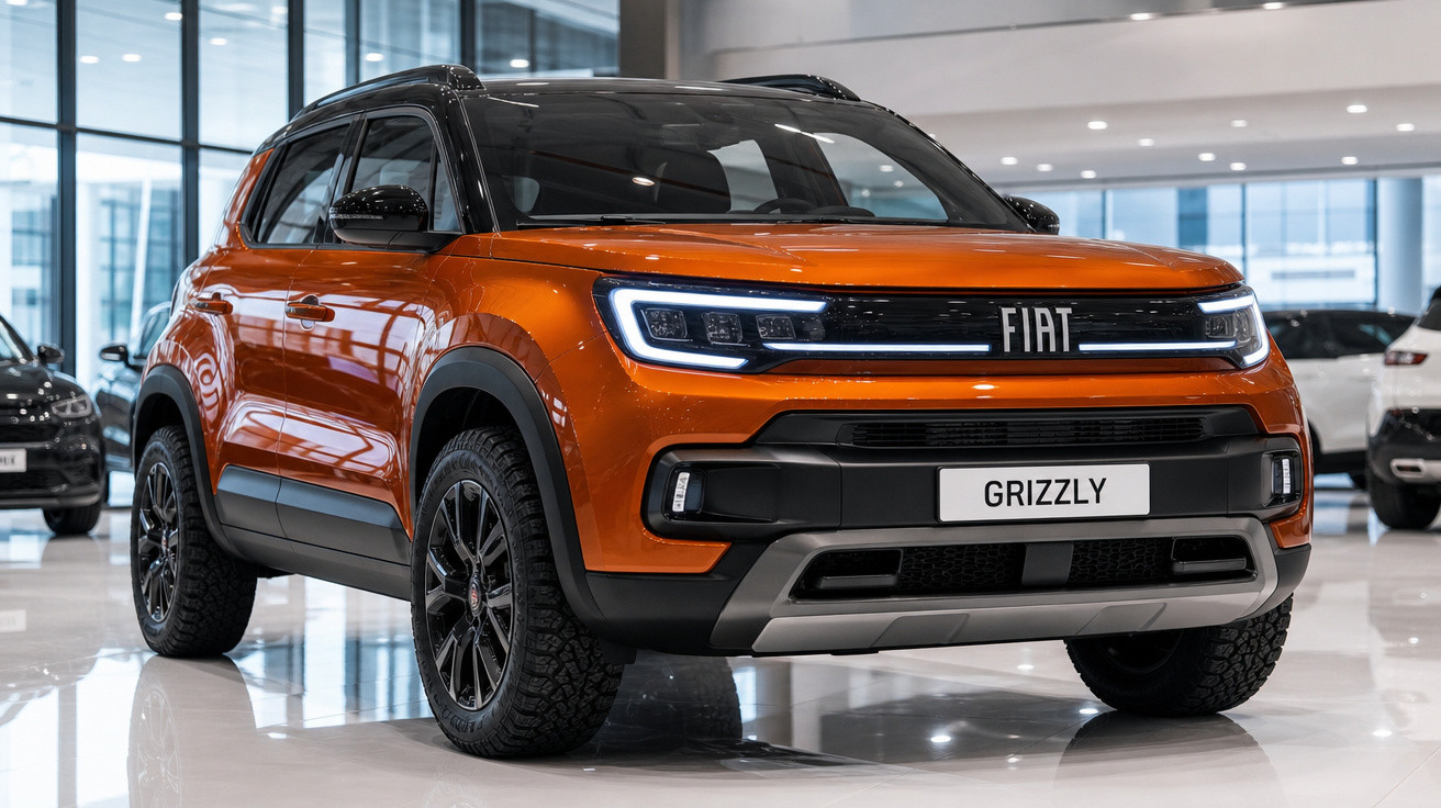 SUV Fiat Grizzly laranja em exibição interna com luzes de LED acesas e rodas pretas.