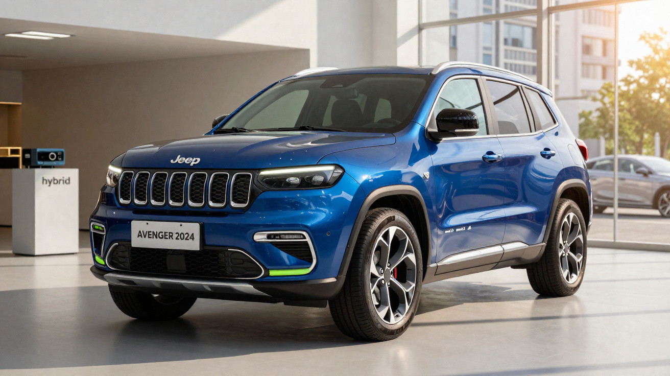 SUV Jeep Avenger 2024 azul em exposição interna, com design moderno e detalhes em verde no para-choque.