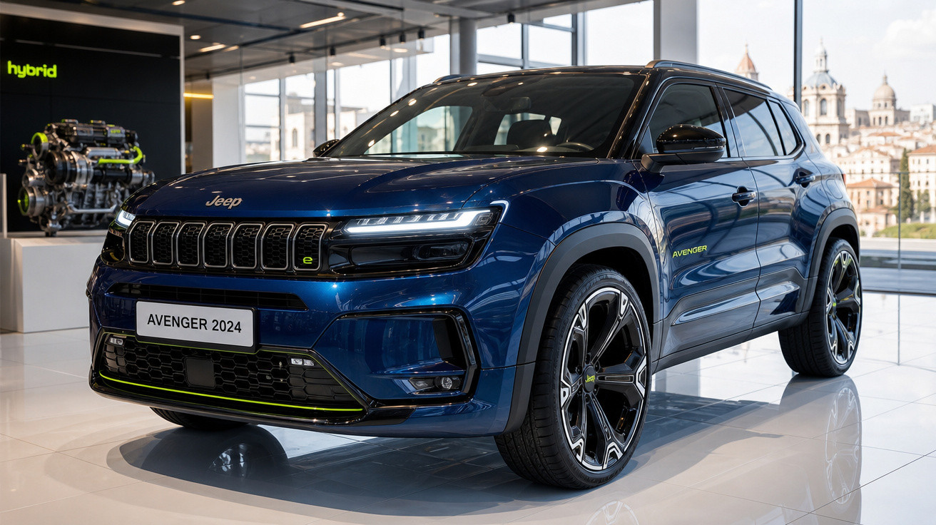 SUV Jeep Avenger 2024 azul em exibição em showroom moderno com motor híbrido ao fundo.