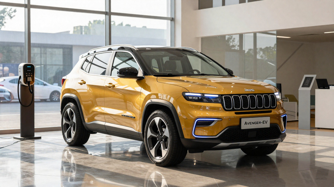 SUV elétrico Jeep Avenger amarelo conectado a estação de recarga em showroom moderno.
