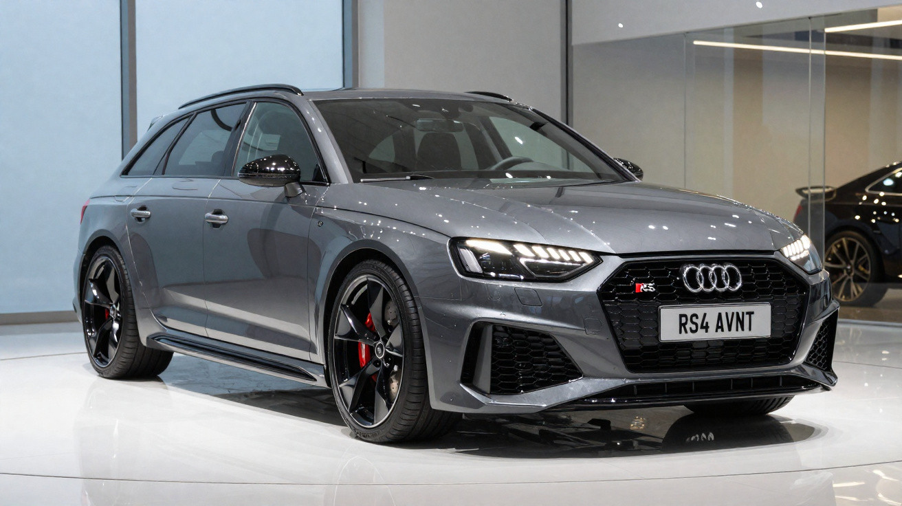 Carro Audi RS4 Avant cinza em exposição, vista frontal 3/4, com rodas pretas e detalhes vermelhos.