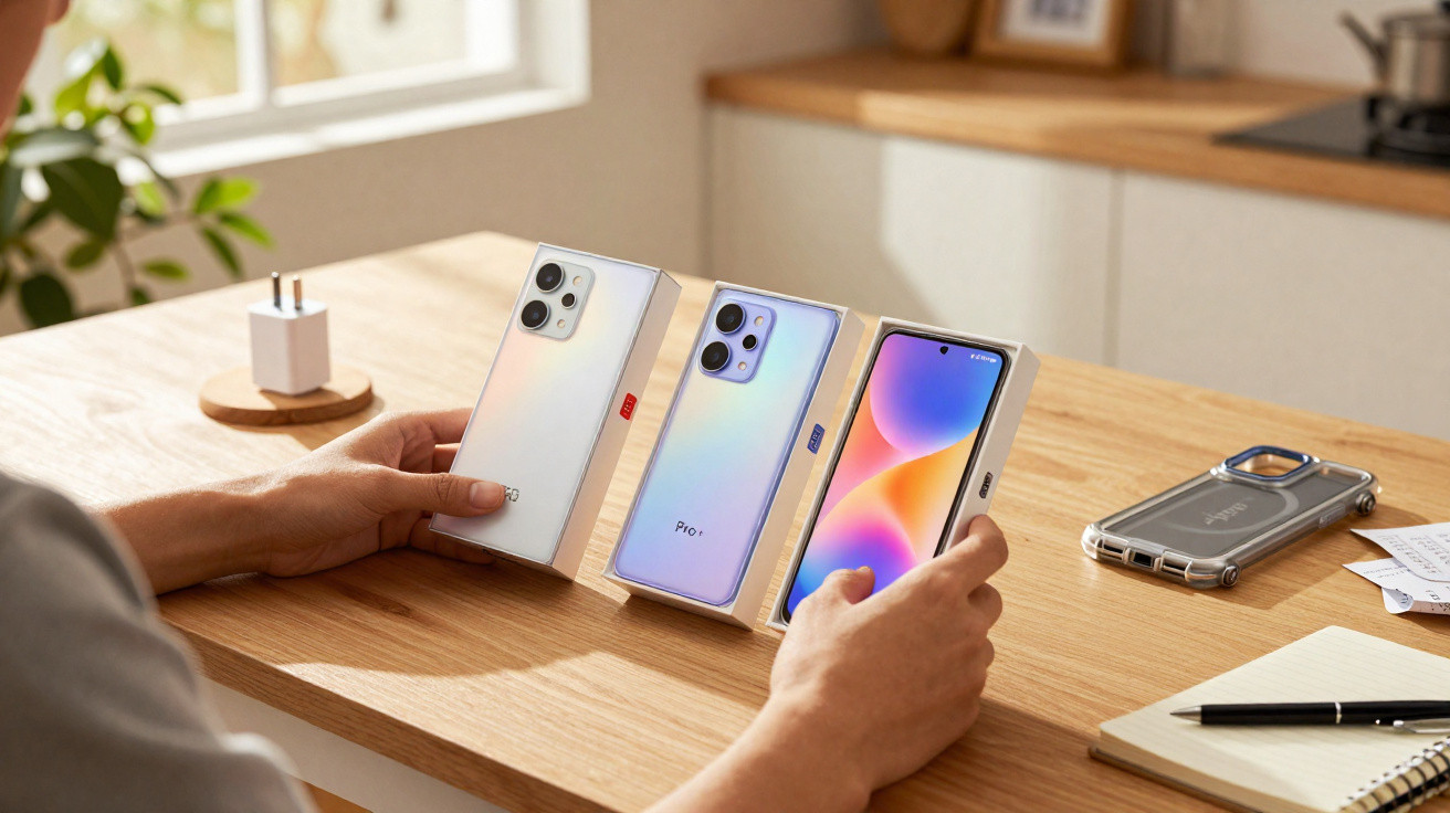 Pessoa manuseando três smartphones OnePlus Pro em cores claras em uma mesa de madeira em ambiente doméstico.