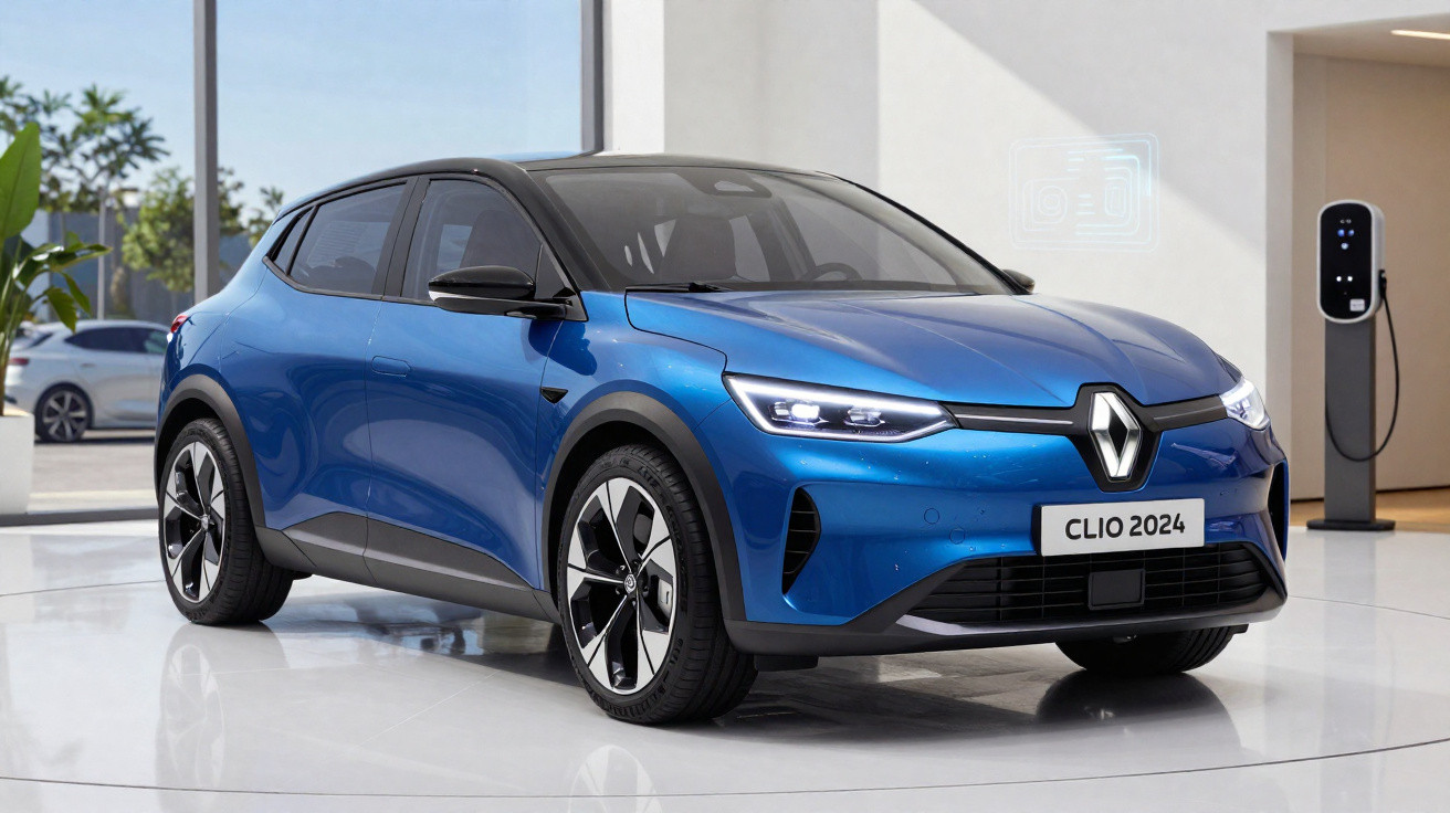Carro elétrico Renault Clio 2024 azul exibido em showroom moderno com estação de carregamento.