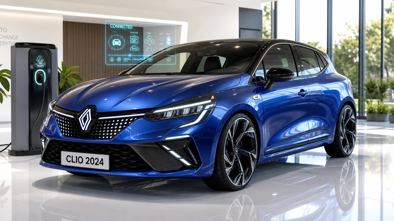 Carro elétrico azul Renault Clio 2024 em showroom moderno com estação de recarga ao lado.