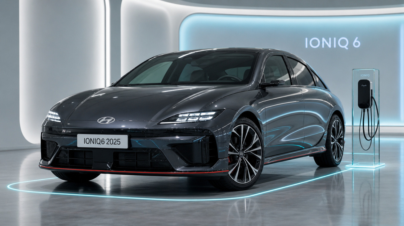 Carro elétrico Hyundai IONIQ 6 2025 cinza estacionado ao lado de carregador em ambiente moderno.