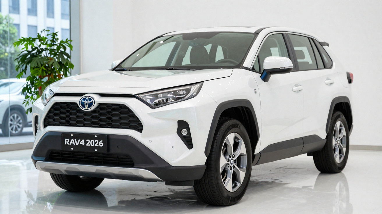 Carro SUV Toyota RAV4 branco 2026 em showroom com piso refletivo e planta ao fundo.