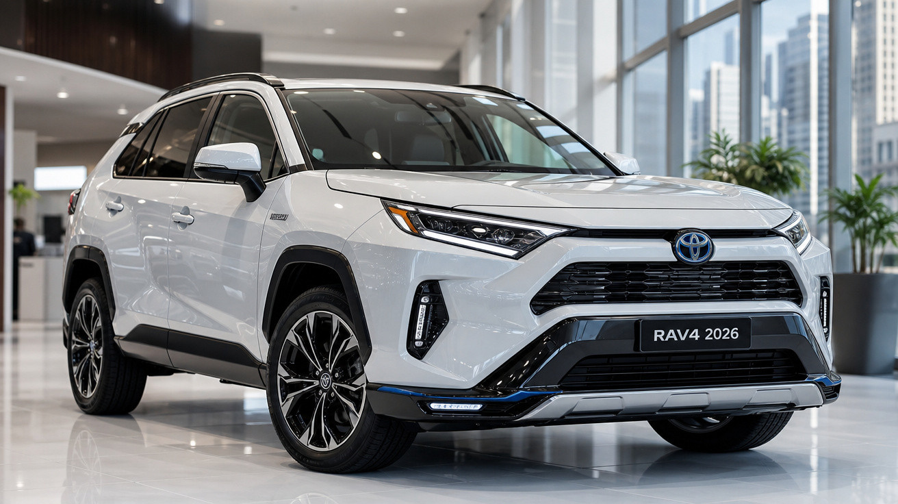 Toyota RAV4 2026 branco estacionado em showroom moderno com piso brilhante e janelas amplas.