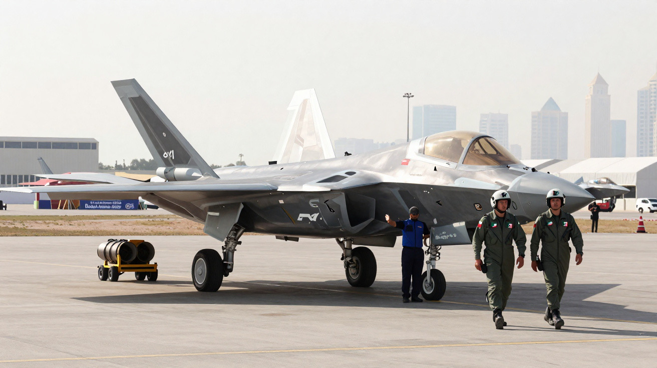 Caça stealth estacionado em pista com dois pilotos e um técnico ao lado em ambiente urbano ao fundo.