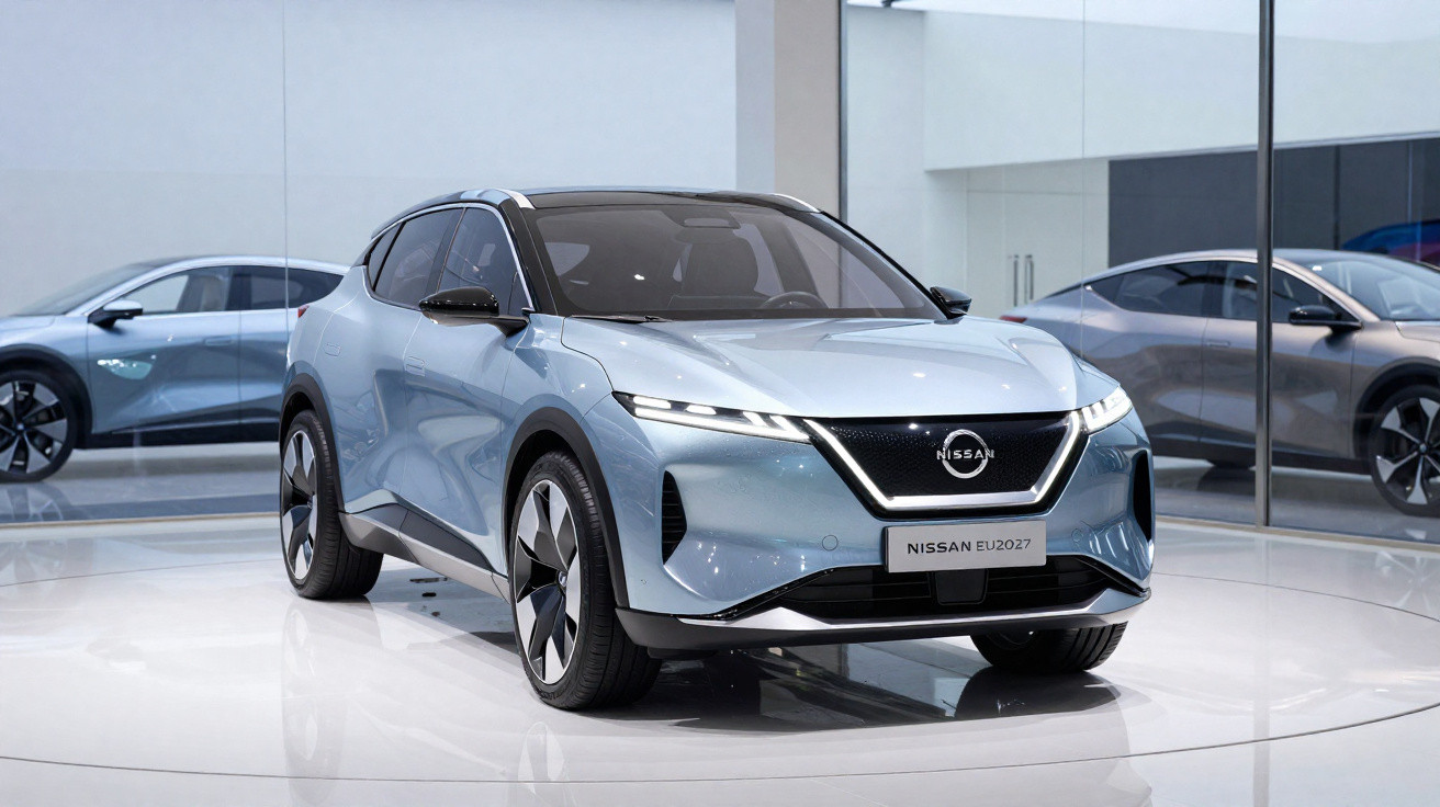 Carro elétrico Nissan EU2027 azul claro em exposição com acabamento moderno e rodas grandes.