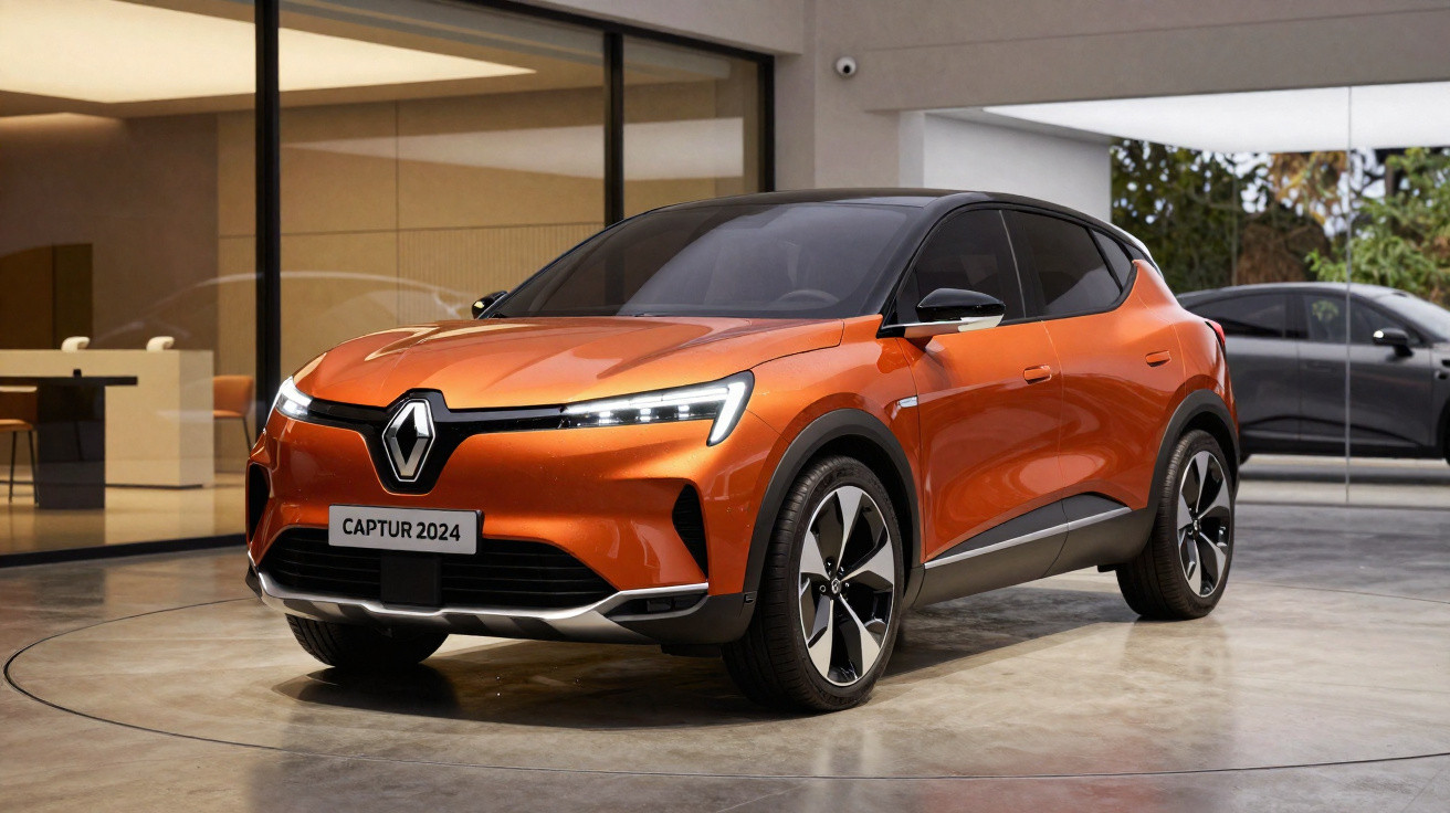 Carro Renault Captur 2024 laranja moderno em showroom com teto preto e rodas grandes.
