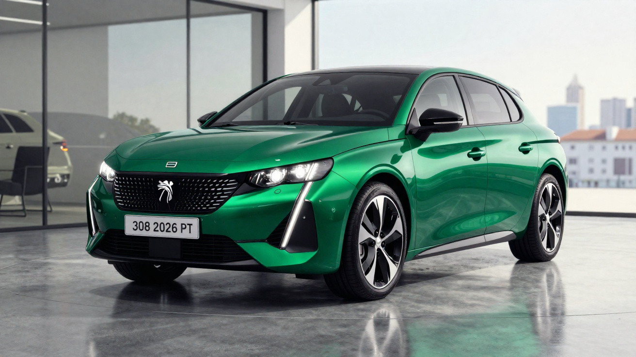 Carro hatch verde metálico Peugeot 308 2026 estacionado em showroom com fundo urbano desfocado.
