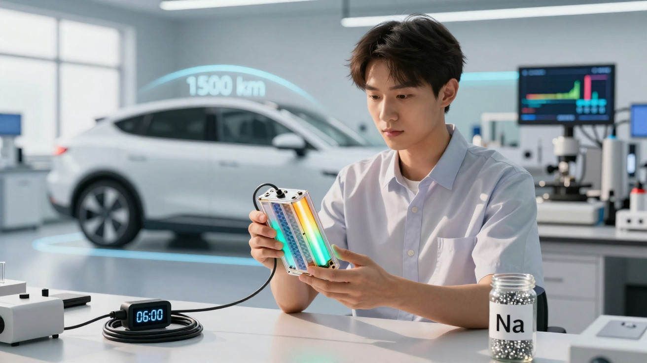 Jovem cientista em laboratório segurando dispositivo colorido com carro elétrico e frasco de sódio ao fundo.