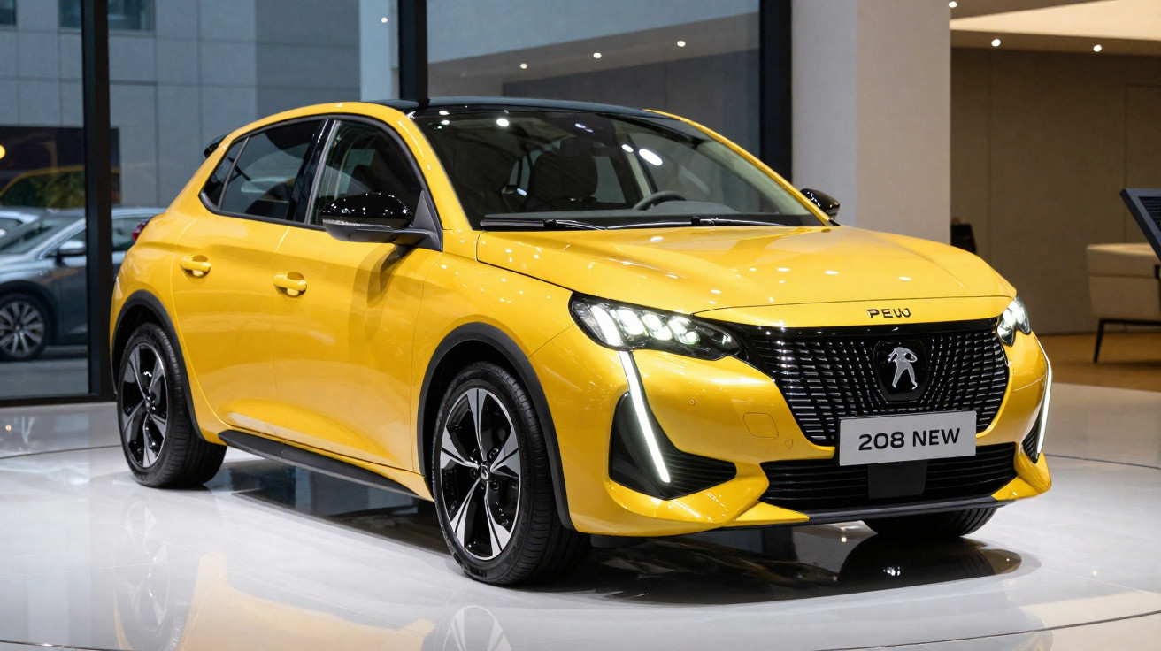 Carro hatch compacto amarelo modelo 208 New exibido em showroom moderno e bem iluminado.