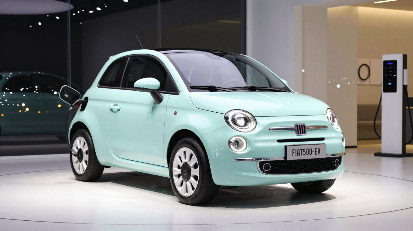 Carro elétrico Fiat 500 EV verde água em exposição com cabine de recarga ao fundo.
