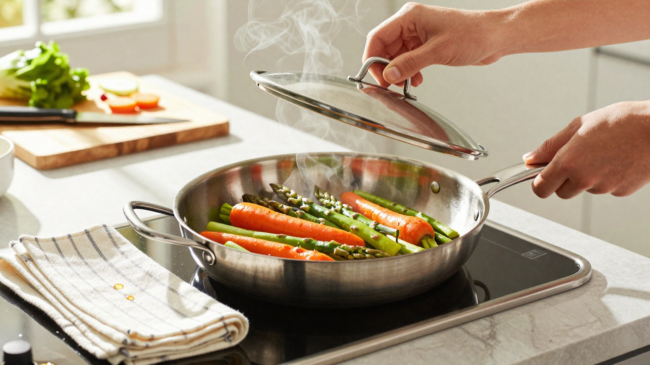 Mãos retirando tampa de panela inox com cenouras e aspargos cozinhando no fogão.