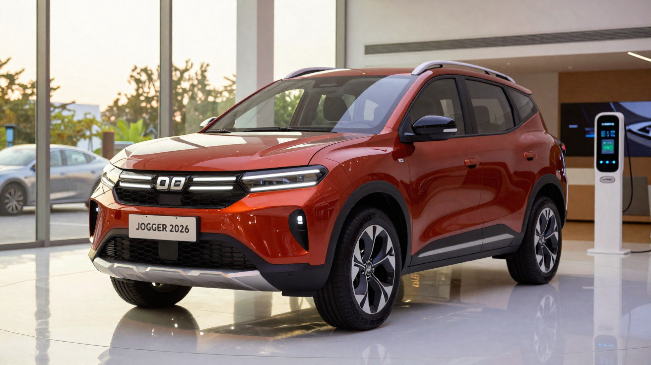 Carro SUV vermelho Fiat Jogger 2026 em showroom moderno com piso branco e paredes de vidro.