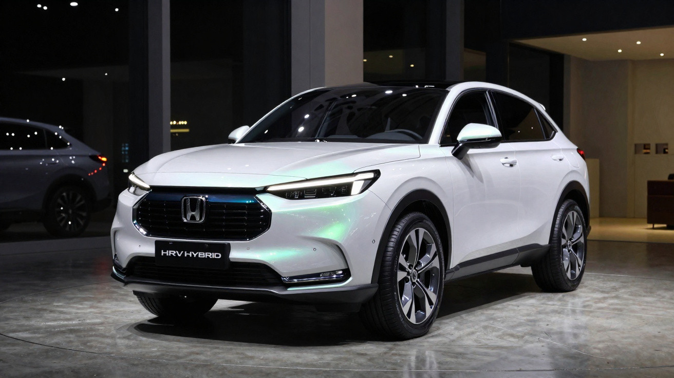 SUV Honda HR-V Hybrid branco estacionado em exposição interna com iluminação suave.