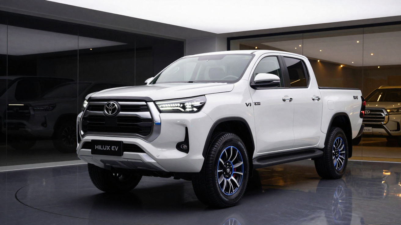 Picape Toyota Hilux EV branca em showroom com rodas esportivas e faróis acesos.