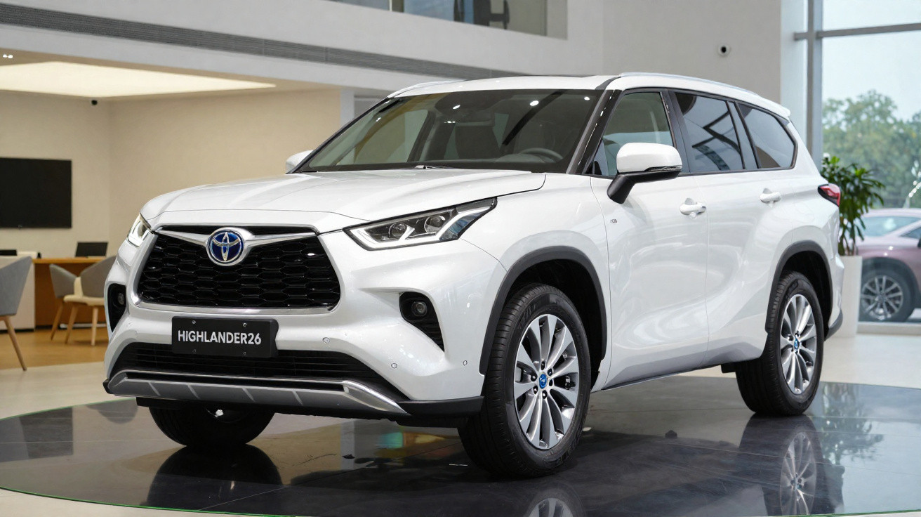 Toyota Highlander branco exibido em showroom moderno com piso preto brilhante.
