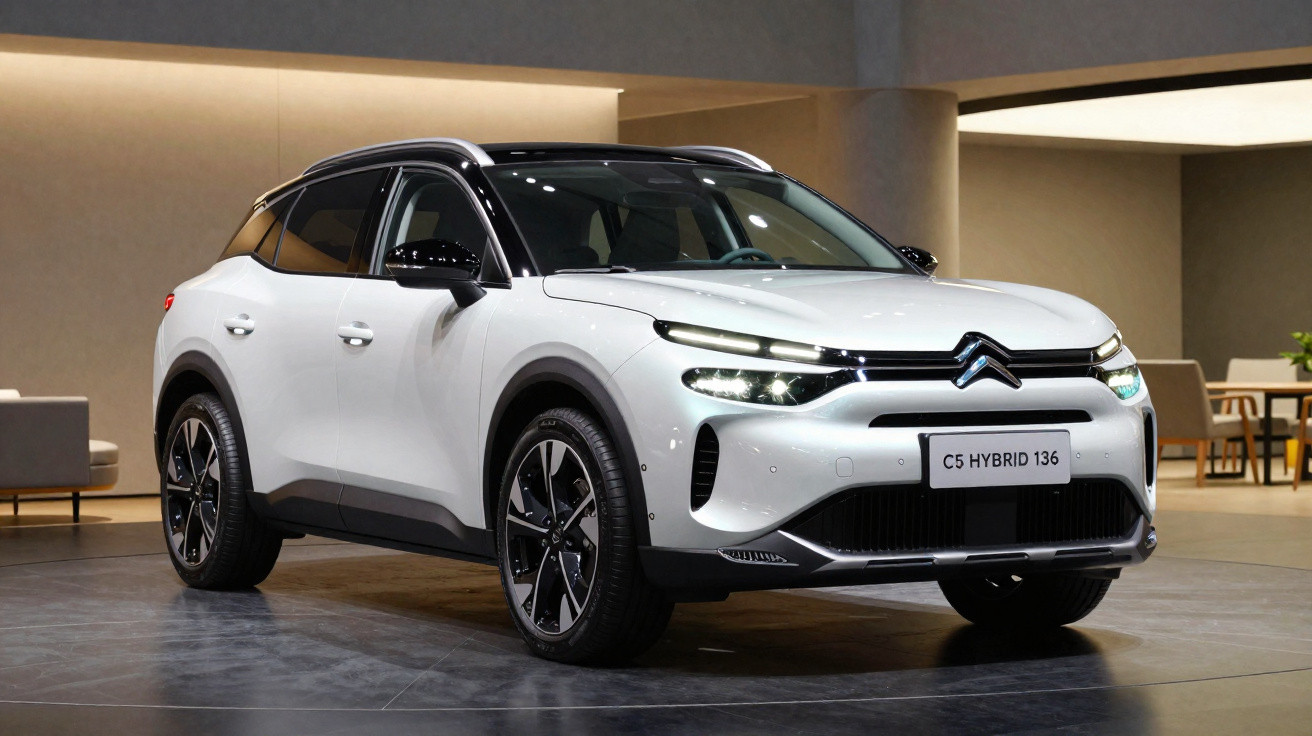 Carro SUV branco Citroën C5 Hybrid 136 estacionado em ambiente interno moderno.