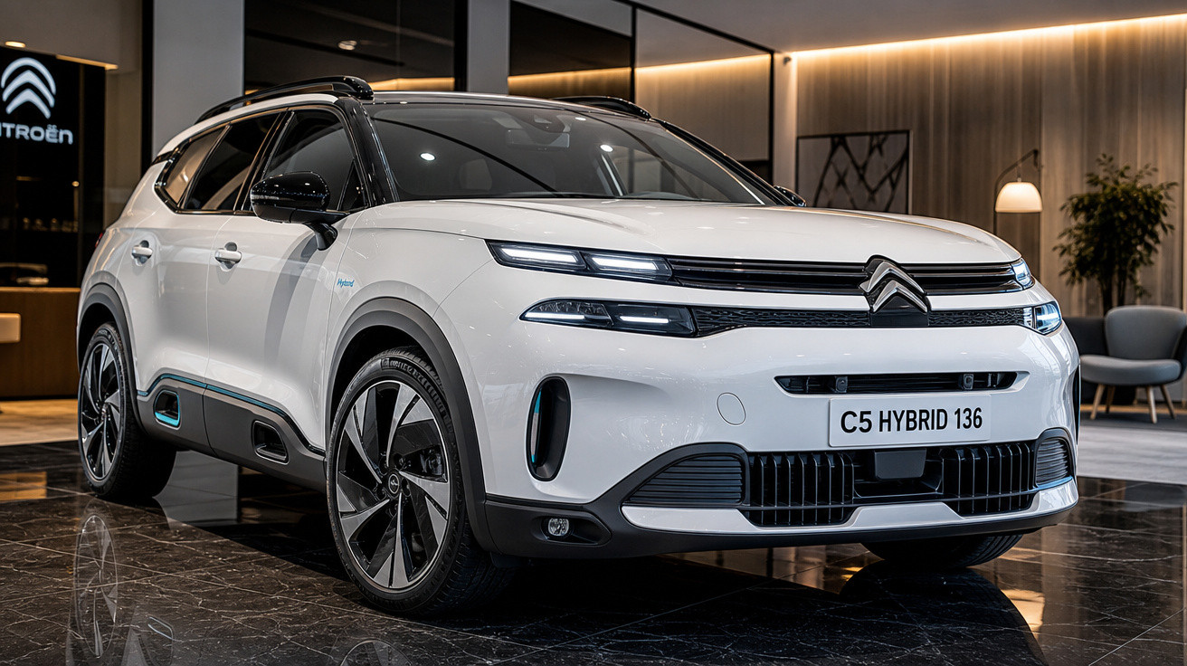 SUV Citroën C5 Hybrid branco em showroom moderno com piso espelhado e decoração contemporânea.