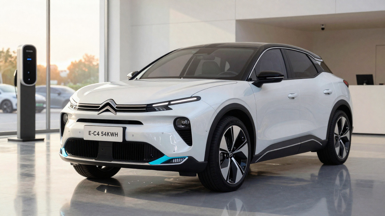 Carro elétrico Citroën E-C4 branco estacionado em showroom moderno com carregador ao fundo.
