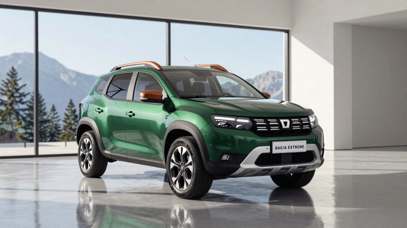 SUV verde Dacia Extreme estacionado em ambiente interno com grandes janelas e vista de montanhas ao fundo.