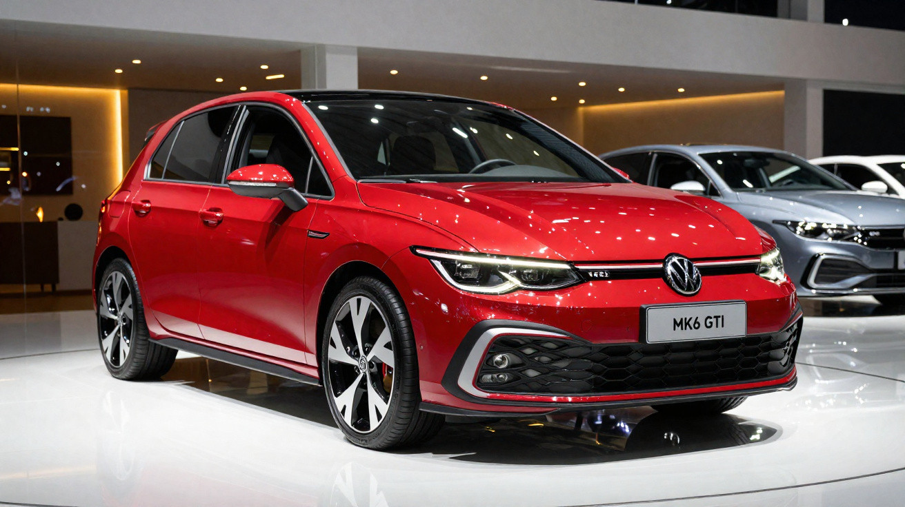 Carro Volkswagen Golf MK6 GTI vermelho exposto em salão iluminado, com design esportivo e rodas grandes.