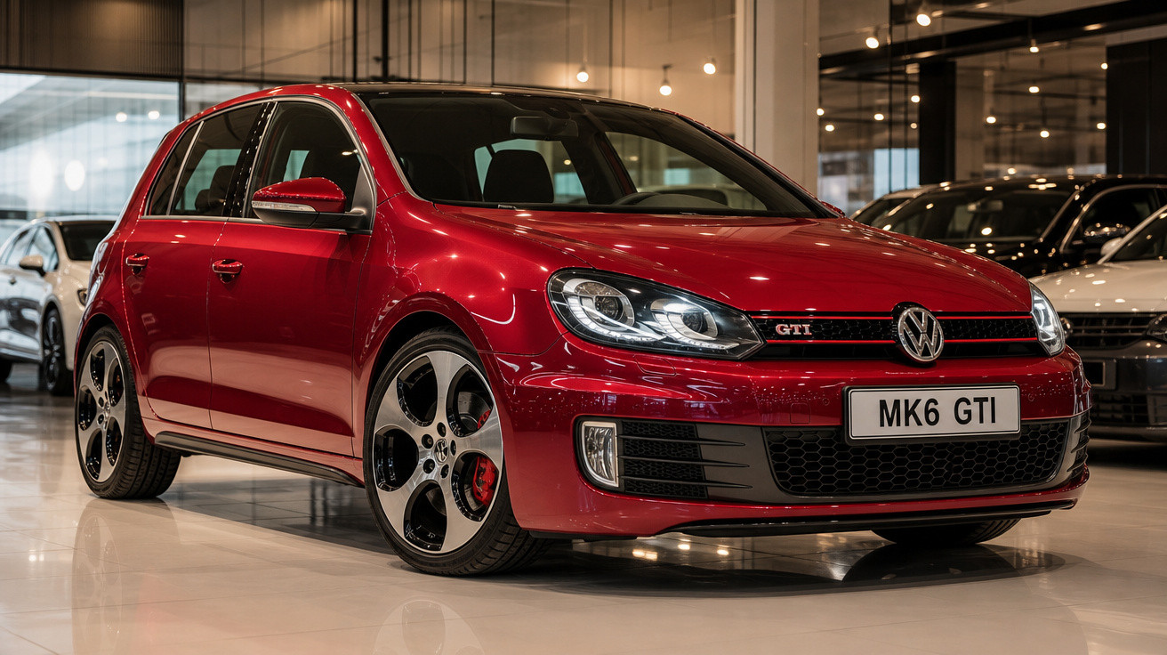 Carro vermelho Volkswagen Golf GTI MK6 estacionado em showroom moderno com piso brilhante.
