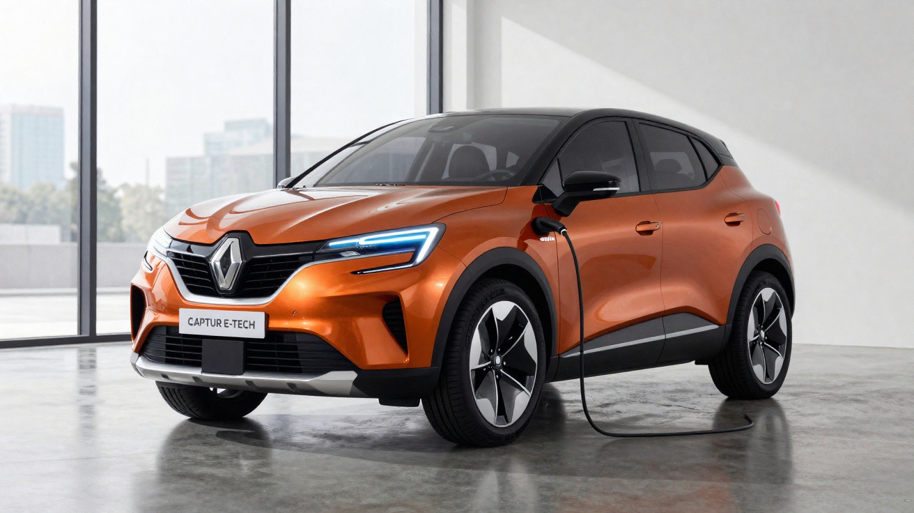 Carro elétrico Renault Captur E-Tech laranja carregando em tomada interna com design moderno.