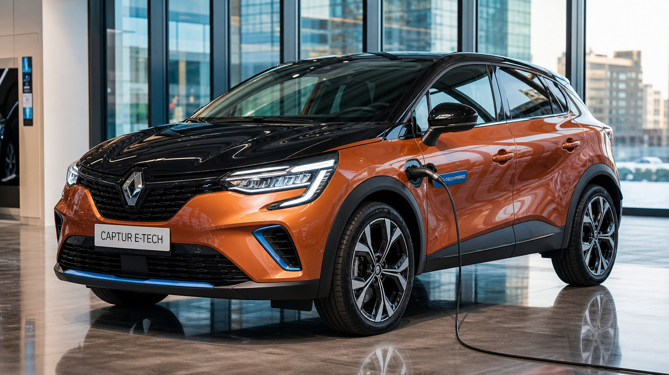 Carro Renault Captur E-Tech laranja com teto preto em recarga elétrica dentro de showroom moderno.