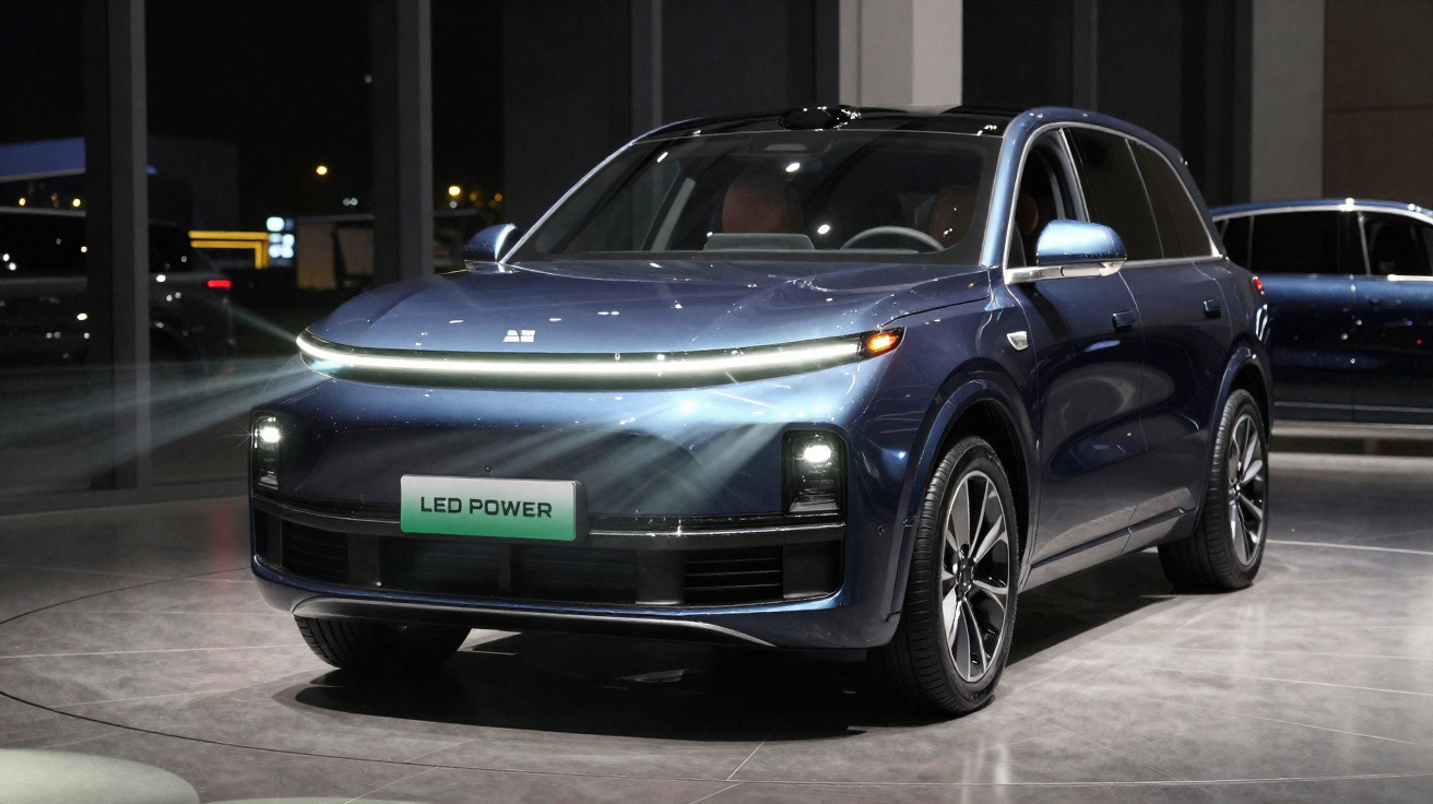 SUV elétrico azul com faróis acesos em ambiente interno iluminado à noite.