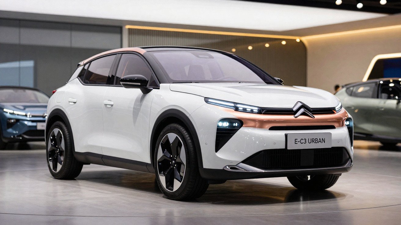 Carro elétrico Citroën E-C3 Urban branco exibido em showroom moderno com iluminação suave.