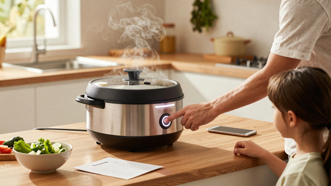 Panela elétrica a vapor com tampa de vidro soltando fumaça em cozinha moderna.